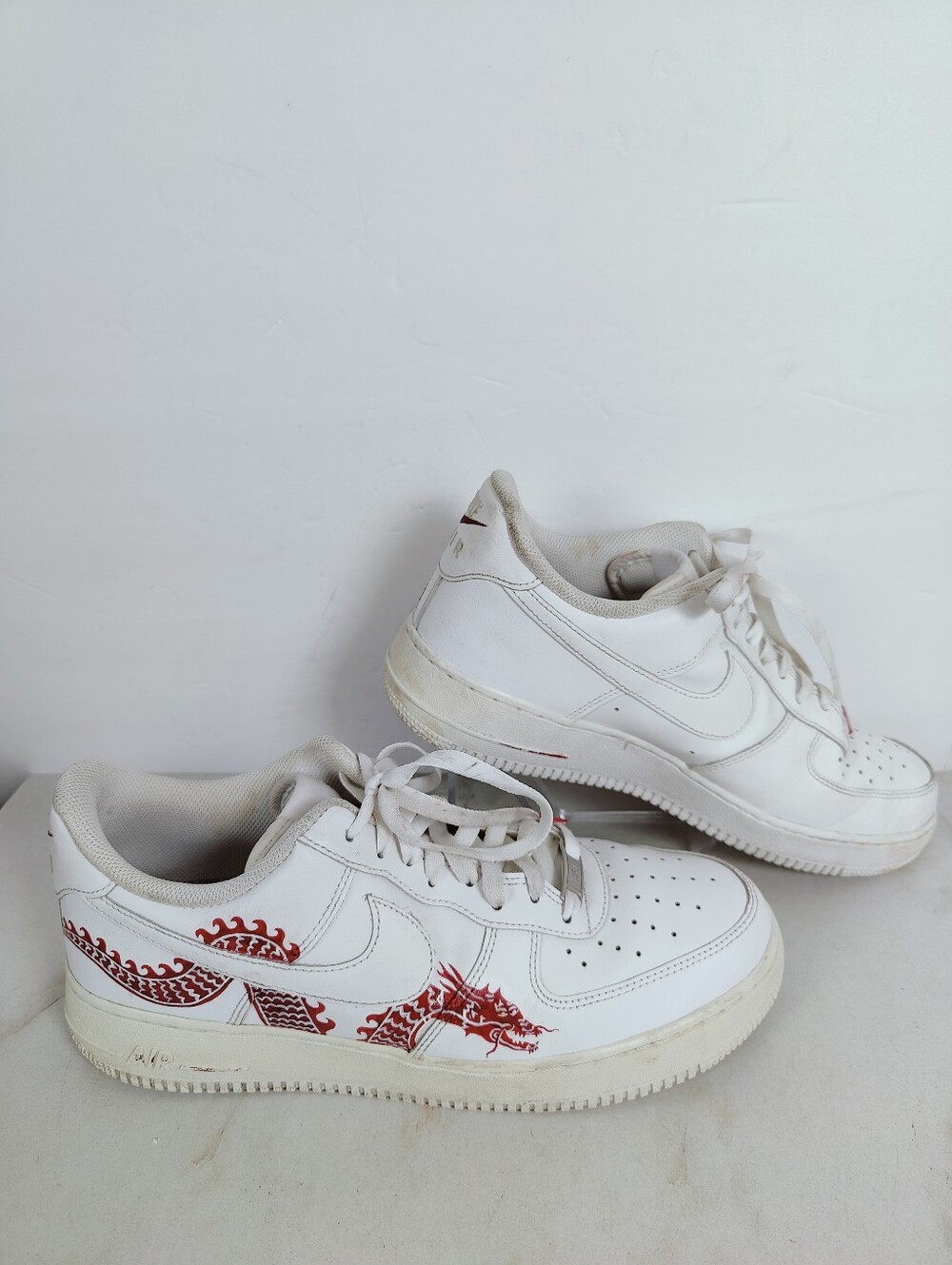 Nike Men's Custom Air Force 1 White Low Sneakers Hand Painted Red Dragon, Sz 12